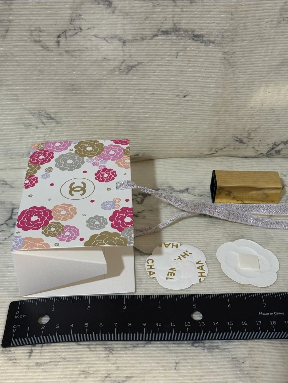 Chanel Beauty Pink Gold Camellia Floral Gift Bag with 2 Chanel Camellia Stickers